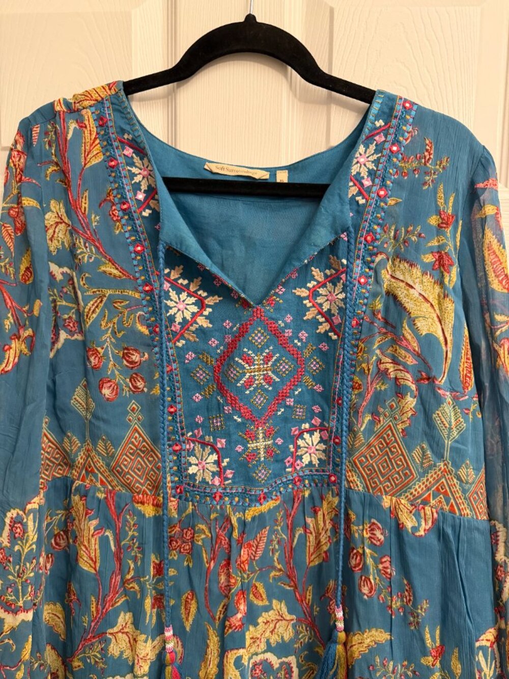 SOFT SURROUNDINGS teal blue floral boho tunic top (XL) - Picture 2 of 9